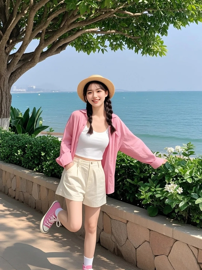 Hình gái xinh mặc pinky đi biển