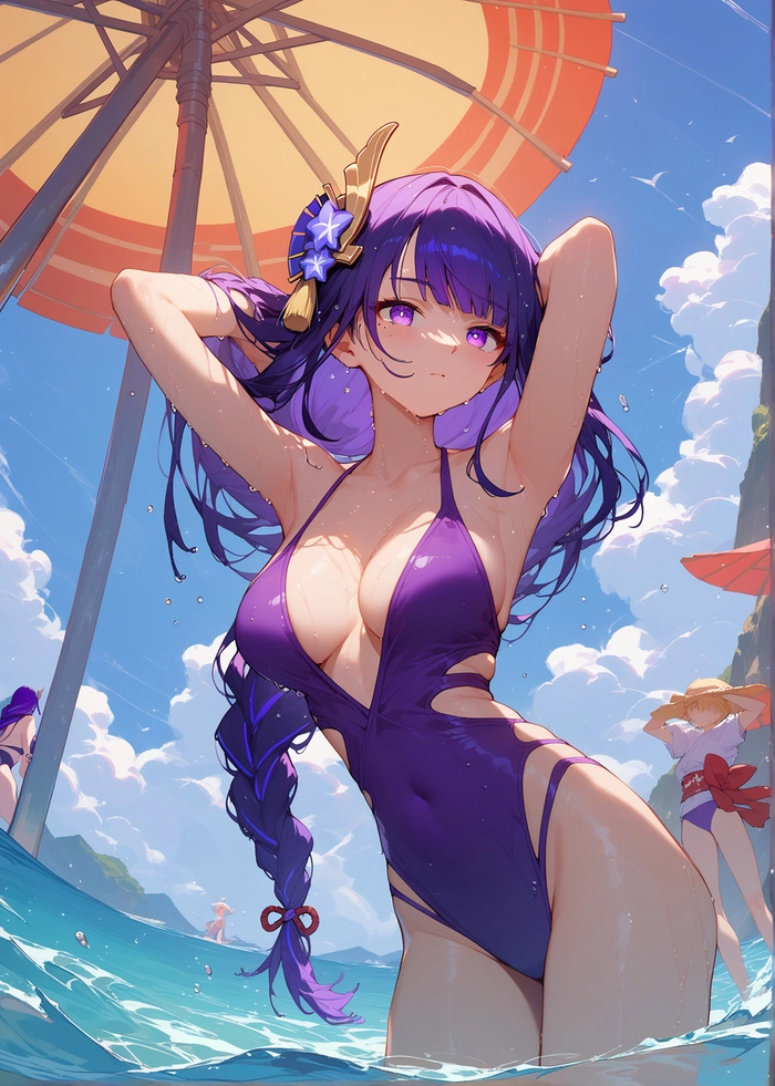 Ảnh Raiden Shogun diện bikini ngoài biển