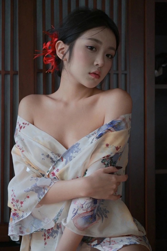 Gái xinh kimono khoe vai trần