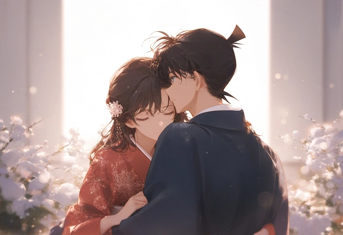 Hình Shinichi hôn trán Ran