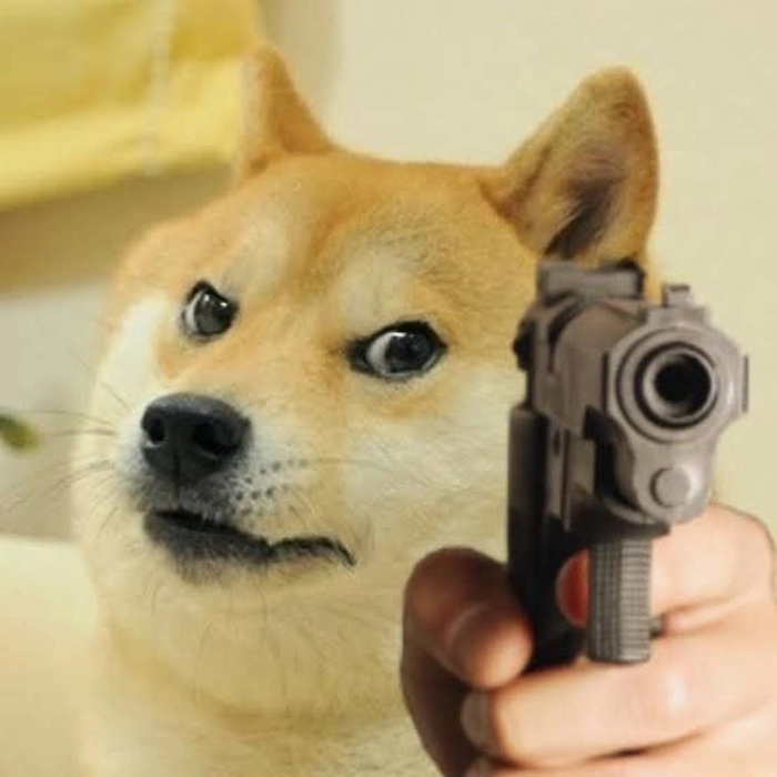 Meme Cheems cầm súng mặt đơ