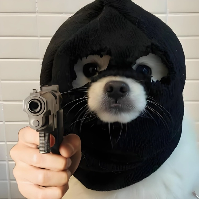 Meme con chó cầm súng ngáo