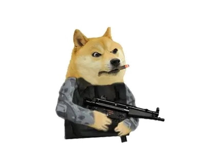 Meme con chó cầm súng ngồi canh
