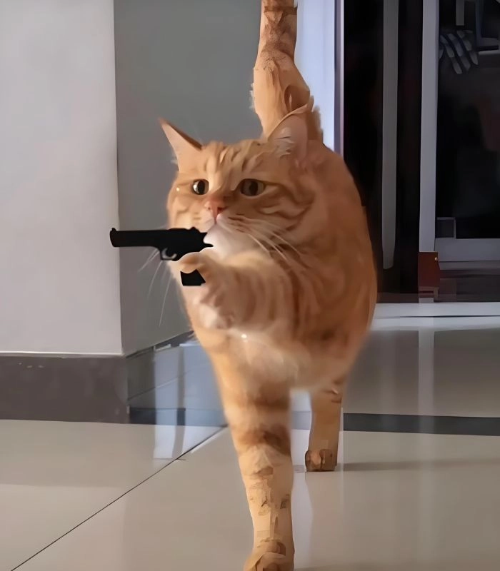 Meme con mèo cầm súng ngầu