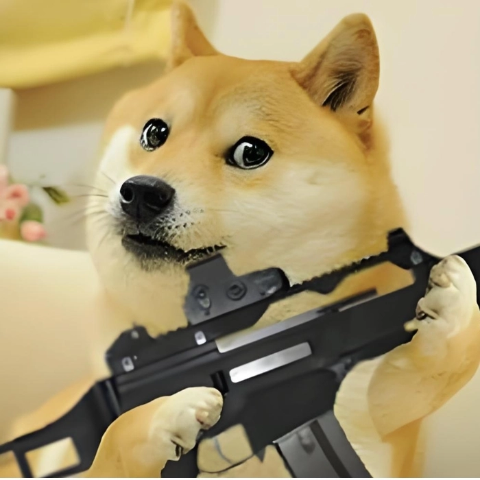 meme chó cầm súng bắn